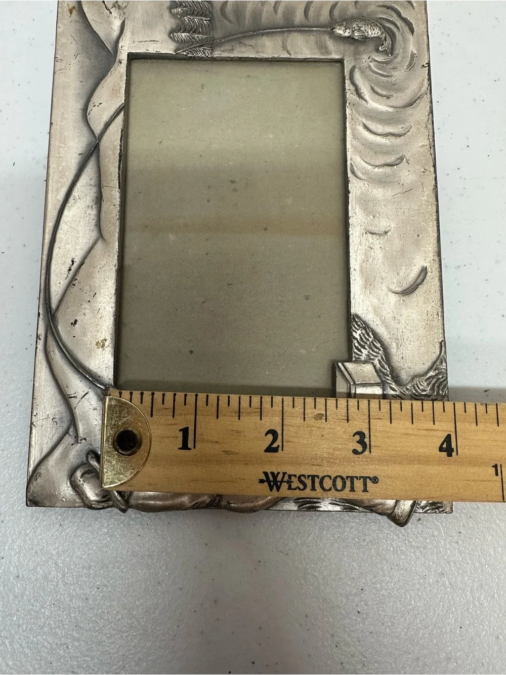 Vintage Silver Tone Metal Fly Fishing Picture Frame 5x3.5 Rustic Cabin Decor